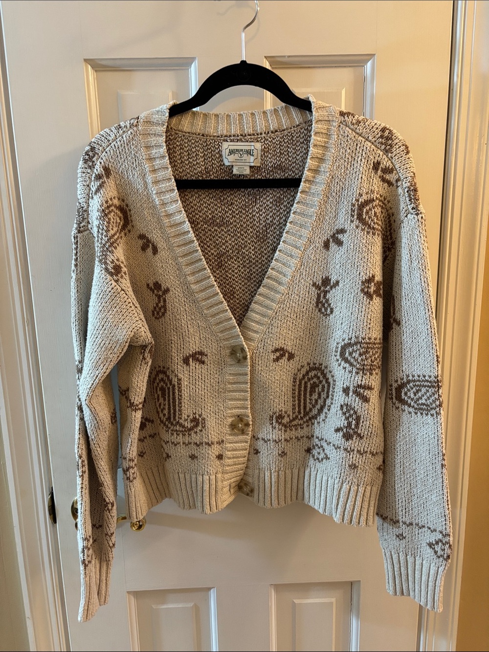 American Eagle Outfitters Cream & Brown Paisley V-Neck Cardigan